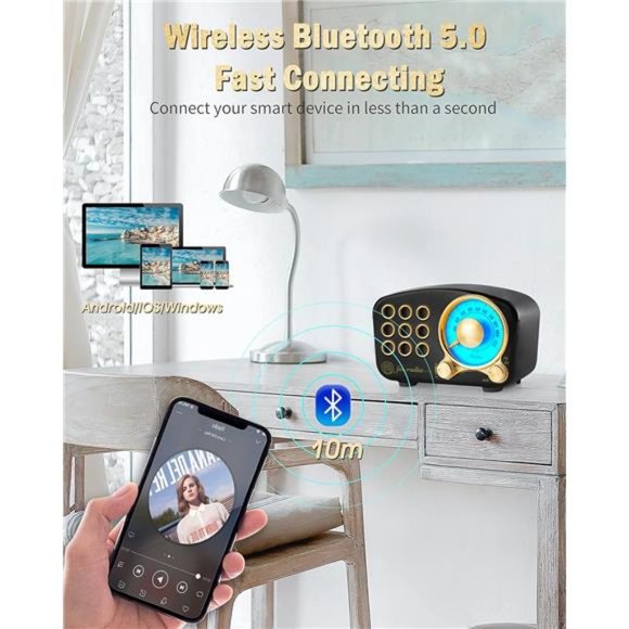 Retro Radio Bluetooth Speaker, Vintage Radio FM Radio with Old Fashionede Style - Picture 4 of 6